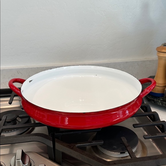 Dansk LG 14” Paella Pan. Red Enamel over Steel Curved Pot. Spots of Damage - Picture 3 of 16